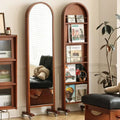 Contemporary Retro Solid Wood & Plywood Aluminum Alloy Glass Arched Storage Shelf 5-Tier Storage With Mirror And Wheels For Living Room Bedroom
