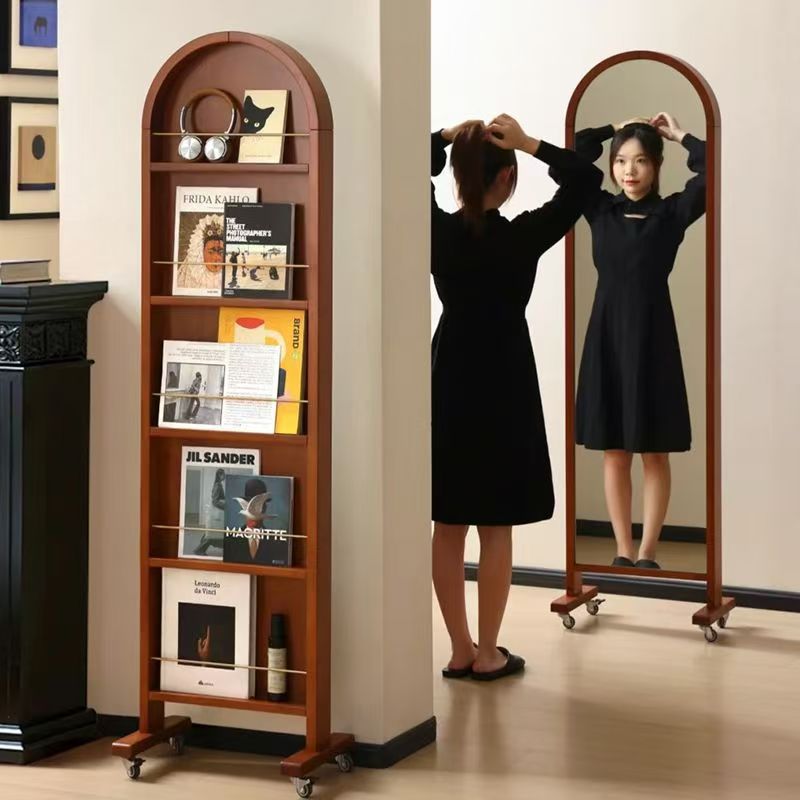 Contemporary Retro Solid Wood & Plywood Aluminum Alloy Glass Arched Storage Shelf 5-Tier Storage With Mirror And Wheels For Living Room Bedroom