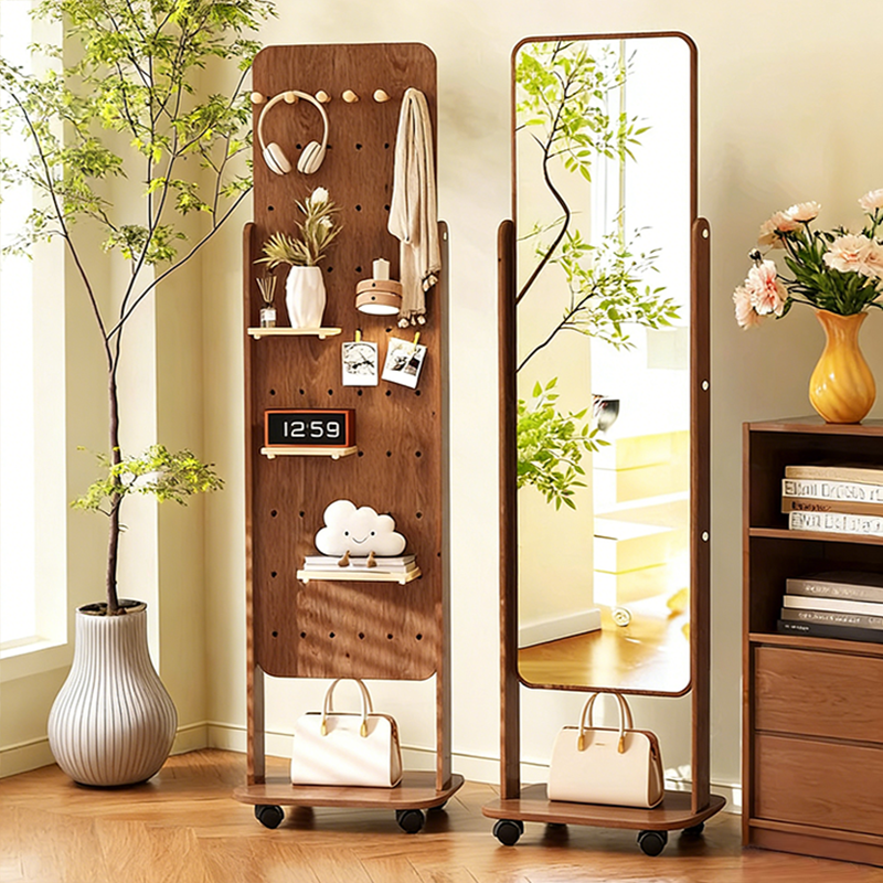 Modern Minimalist MDF Rounded Corner Full-Length Floor Mirror Mobile Shelf With Storage For Living Room & Bedroom