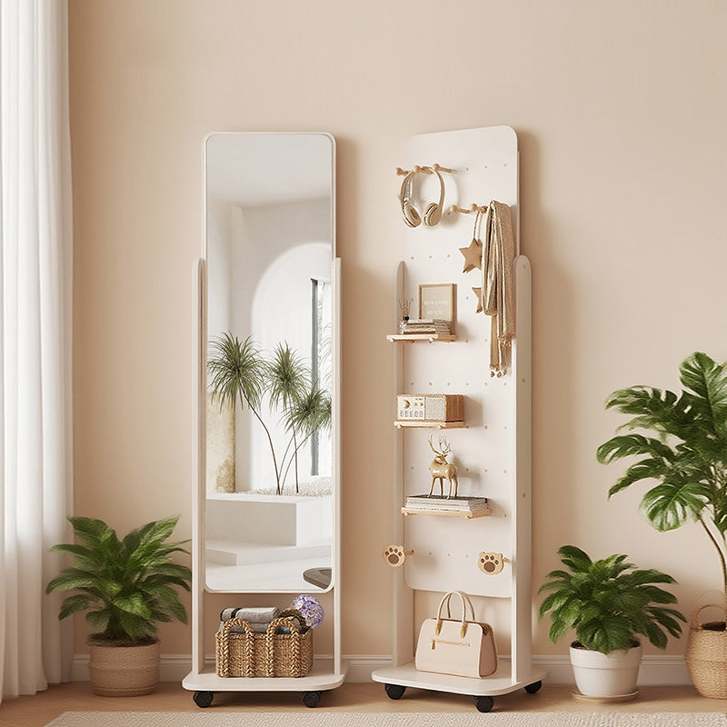 Modern Minimalist MDF Rounded Corner Full-Length Floor Mirror Mobile Shelf With Storage For Living Room & Bedroom