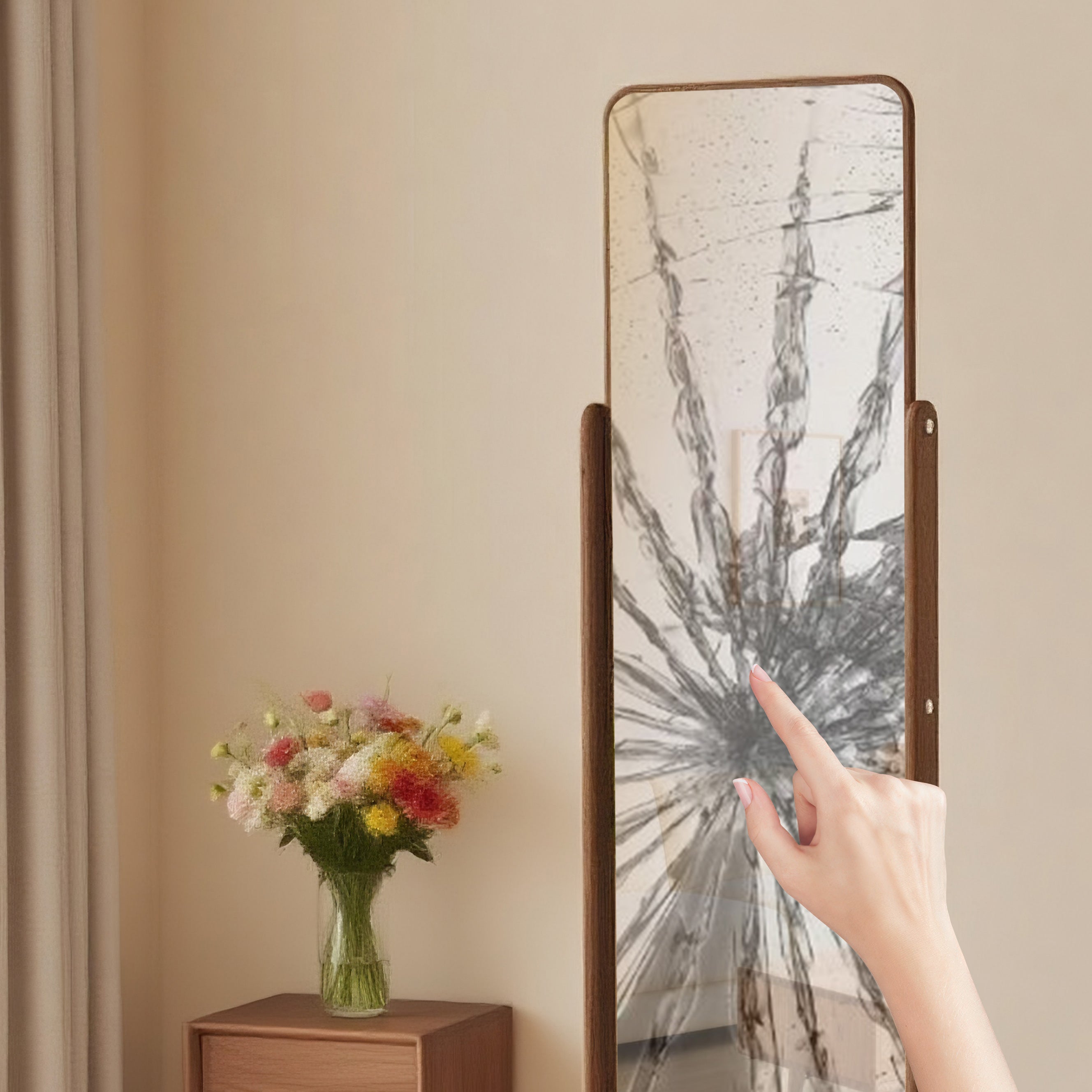 Modern Minimalist MDF Rounded Corner Full-Length Floor Mirror Mobile Shelf With Storage For Living Room & Bedroom