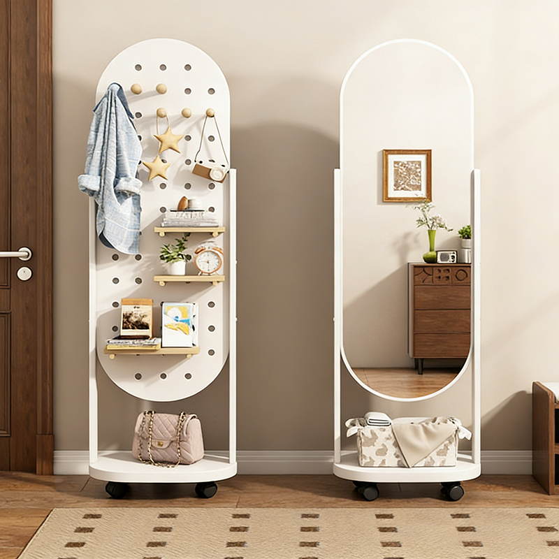 Modern Minimalist MDF Rounded Corner Full-Length Floor Mirror Mobile Shelf With Storage For Living Room & Bedroom