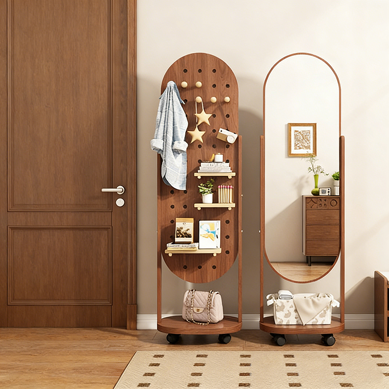 Modern Minimalist MDF Rounded Corner Full-Length Floor Mirror Mobile Shelf With Storage For Living Room & Bedroom