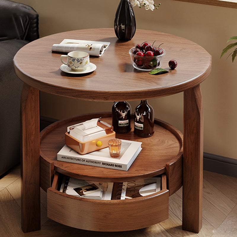 Modern Minimalist Solid Rubberwood & Plywood Round Side Table With Drawer & 2-Tier Storage For Living Room & Bedroom