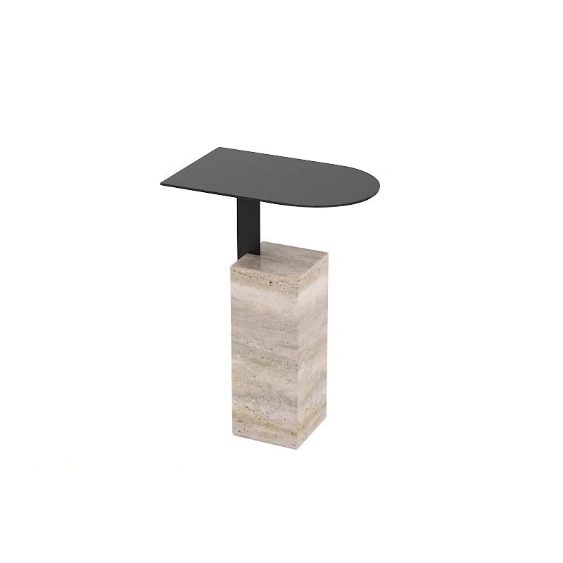Contemporary Nordic Travertine Stone Steel Rounded Corner Side Table For Living Room & Bedroom