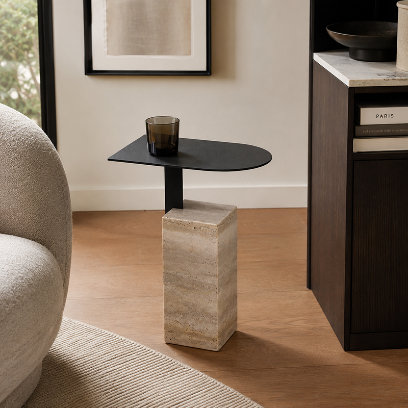 Contemporary Nordic Travertine Stone Steel Rounded Corner Side Table For Living Room & Bedroom