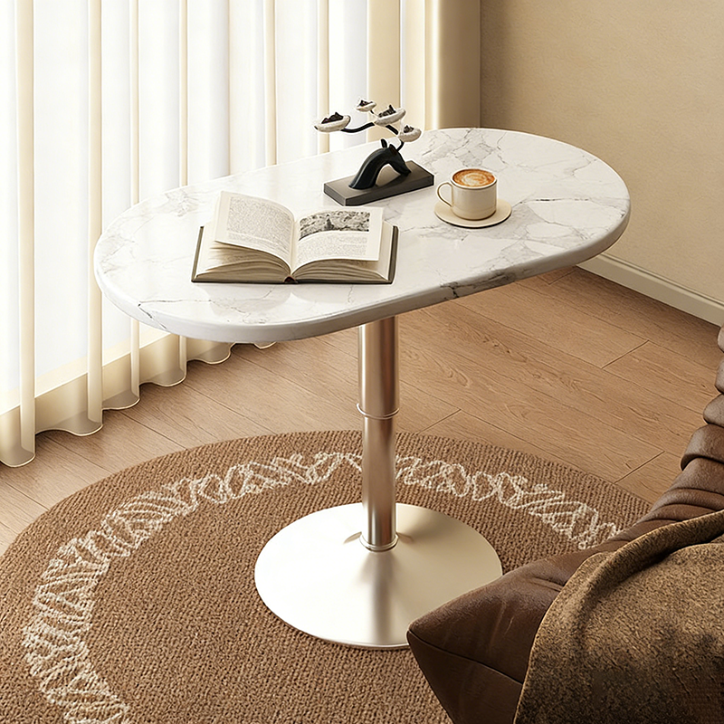 Modern Minimalist Stone Slab MDF Top Steel Oval Side Table With Adjustable Height & Rotating Desktop For Living Room & Bedroom