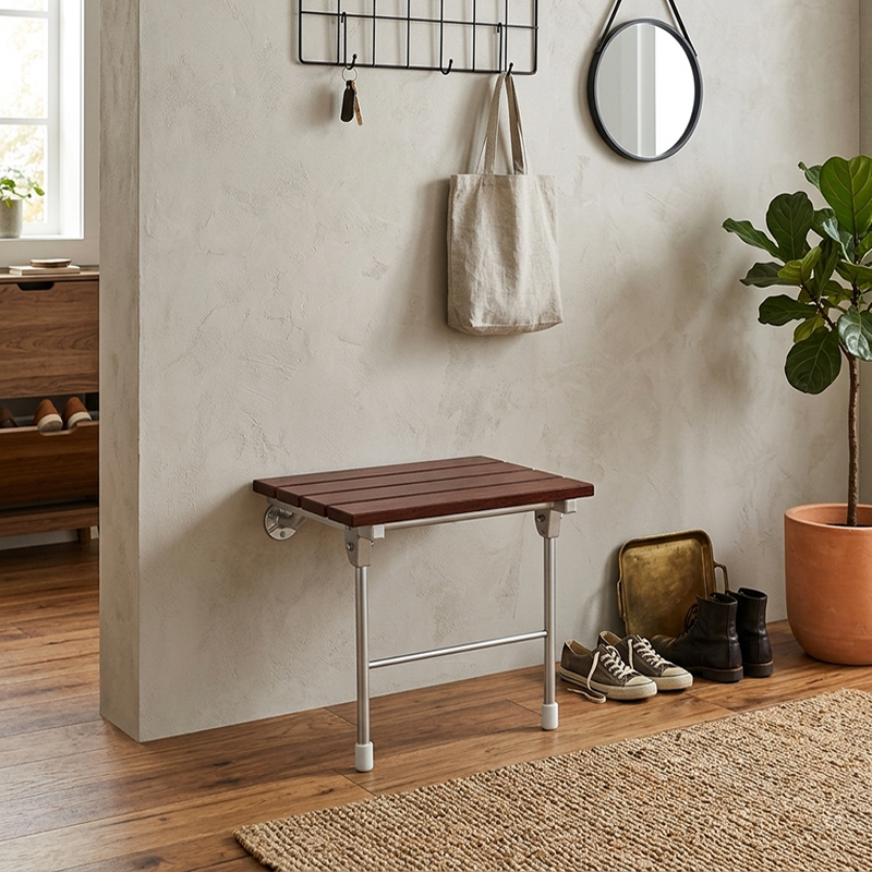 Modern Minimalist Rectangular Wall-mounted Design Wood Stainless Steel Shoe Bench Armless For Entryways