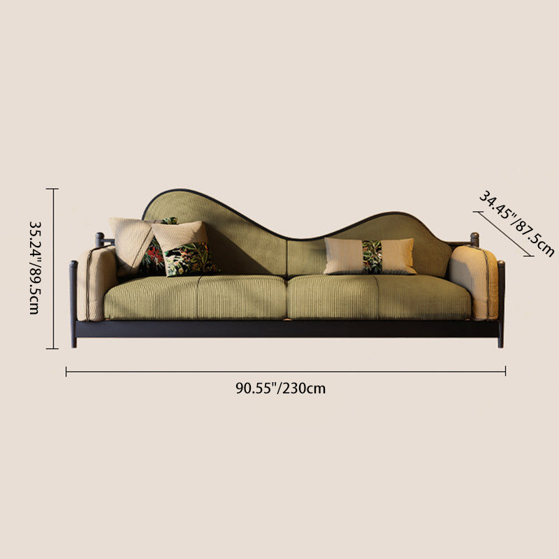 Traditional Curved Sofa With Solid Ash Wood Frame Wave Back Design & Corduroy Upholstery - Vintage Lounge Couch For Living Room & Apartment