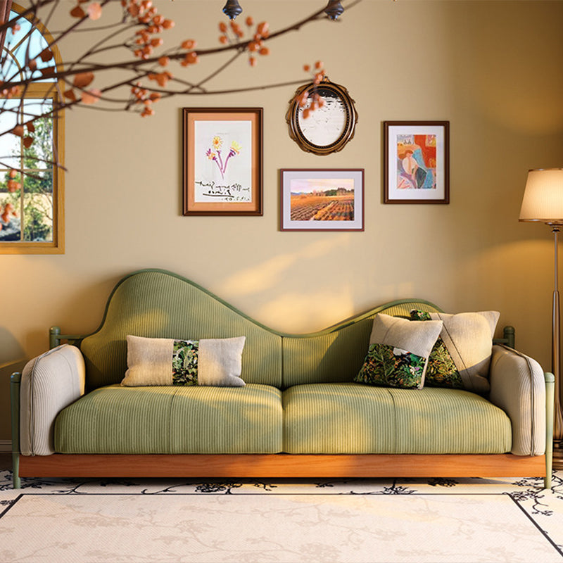 Traditional Curved Sofa With Solid Ash Wood Frame Wave Back Design & Corduroy Upholstery - Vintage Lounge Couch For Living Room & Apartment