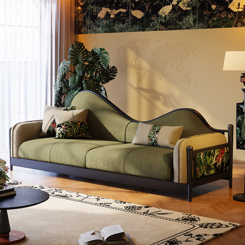 Traditional Curved Sofa With Solid Ash Wood Frame Wave Back Design & Corduroy Upholstery - Vintage Lounge Couch For Living Room & Apartment