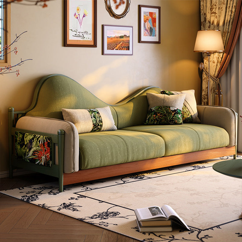 Traditional Curved Sofa With Solid Ash Wood Frame Wave Back Design & Corduroy Upholstery - Vintage Lounge Couch For Living Room & Apartment