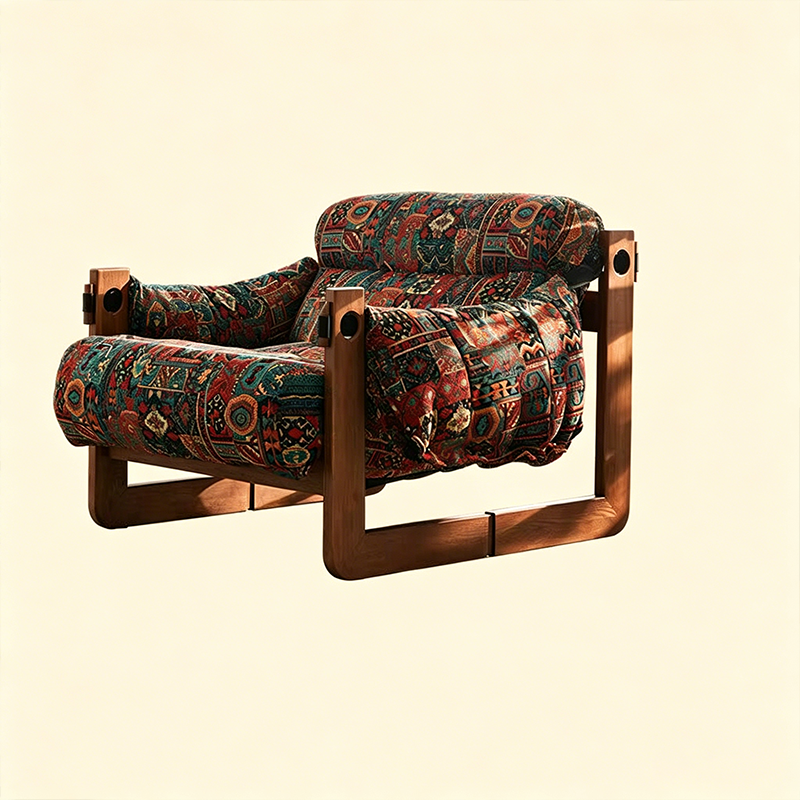 Vintage Ash Wood Jacquard Lounge Chair - Plush Down & Fiber-Filled Accent Armchair For Living Room