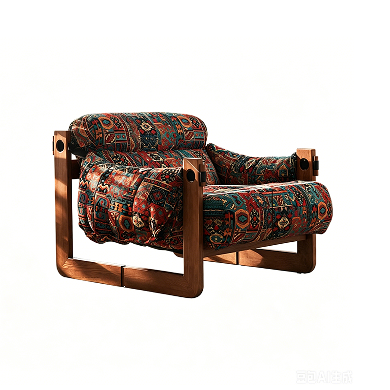 Vintage Ash Wood Jacquard Lounge Chair - Plush Down & Fiber-Filled Accent Armchair For Living Room