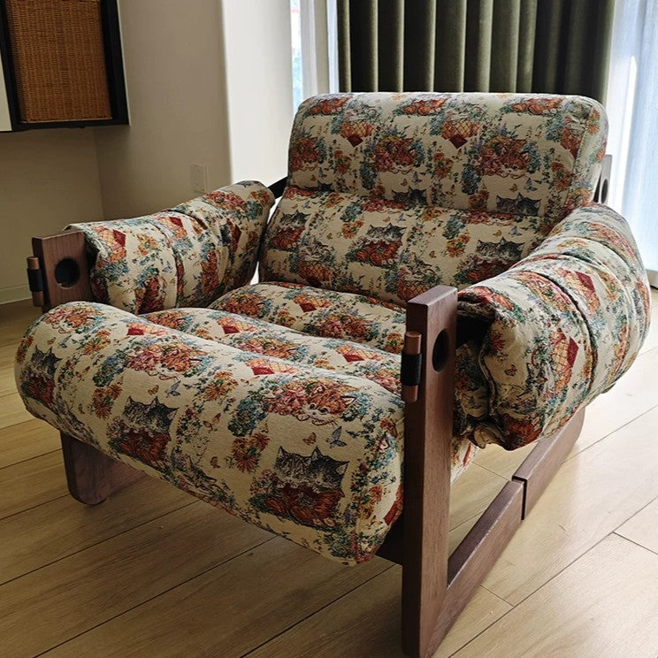 Vintage Ash Wood Jacquard Lounge Chair - Plush Down & Fiber-Filled Accent Armchair For Living Room