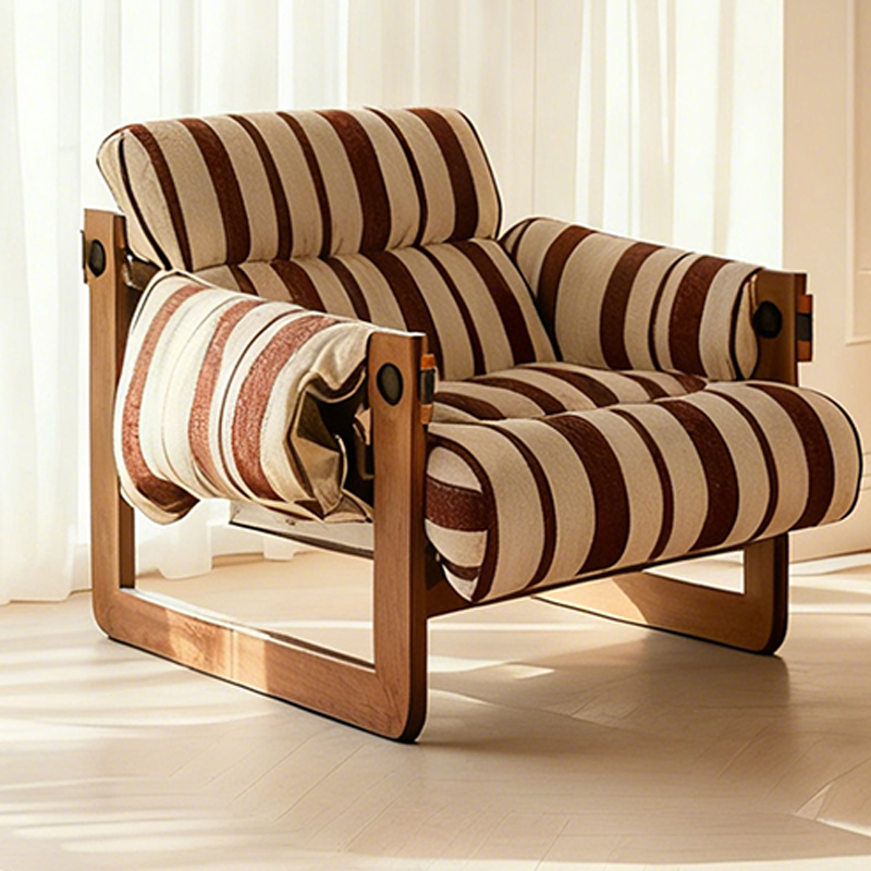Vintage Ash Wood Striped Lounge Chair - Plush Linen Chenille Linen Accent Armchair For Living Room