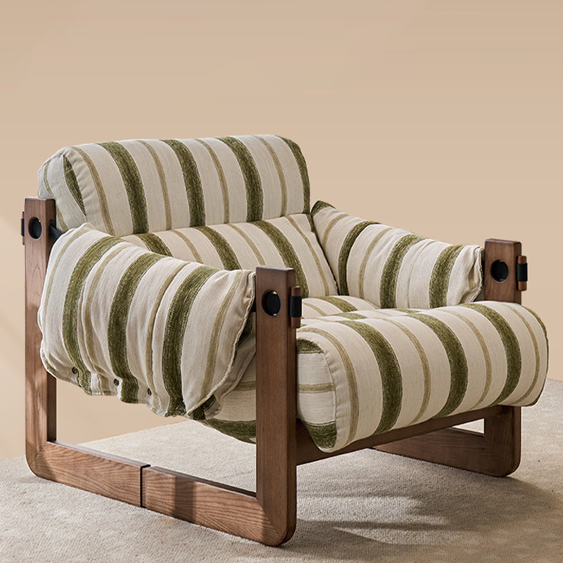 Vintage Ash Wood Striped Lounge Chair - Plush Linen Chenille Linen Accent Armchair For Living Room