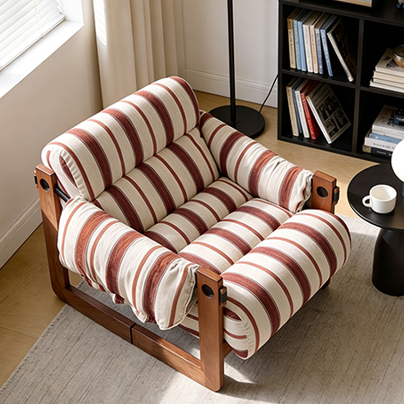Vintage Ash Wood Striped Lounge Chair - Plush Linen Chenille Linen Accent Armchair For Living Room