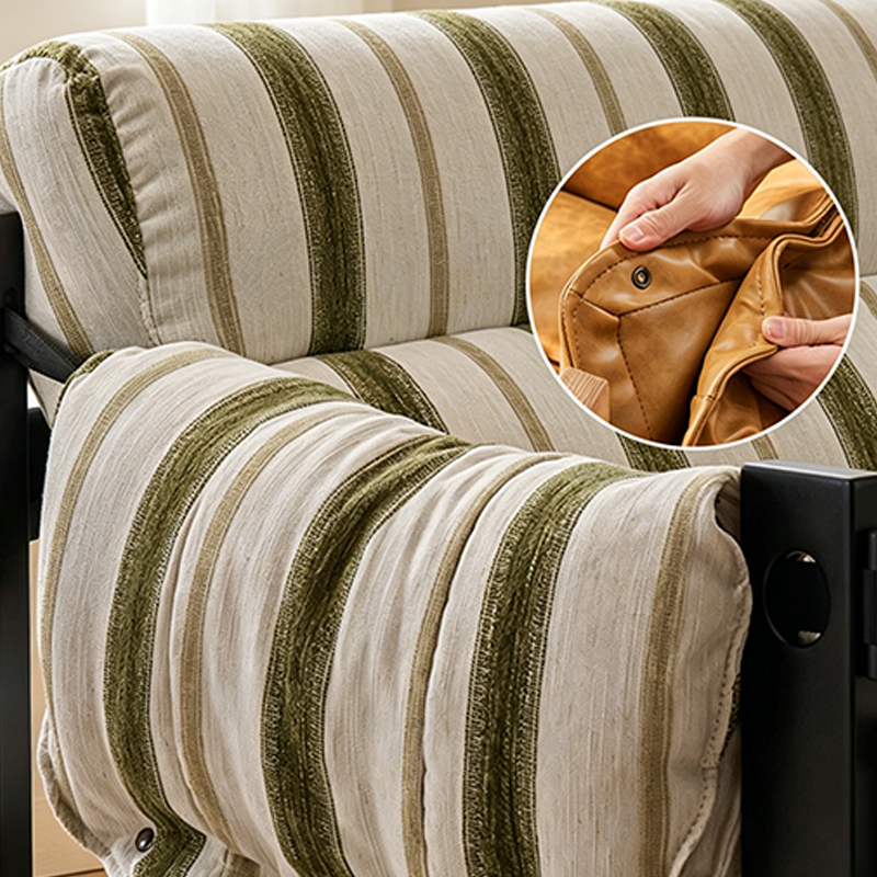Vintage Ash Wood Striped Lounge Chair - Plush Linen Chenille Linen Accent Armchair For Living Room