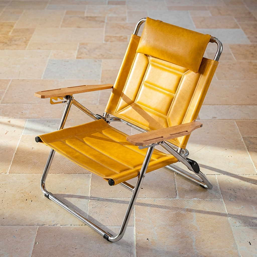 Luxury Microfiber Leather Folding Camping Chair - 4-Position Adjustable Recliner With Oak Armrests For Outdoor Patio