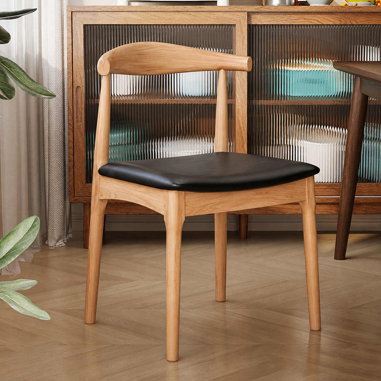 Contemporary Nordic Ash Wood PU Leather Horn Dining Chair Backrest For Dining Room