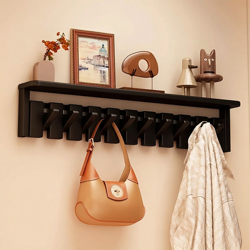 Contemporary Nordic Rectangular Piano-Key Rubberwood Wall-Mounted Coat Rack Hall Tree 1-Tier For Bedroom & Entryways