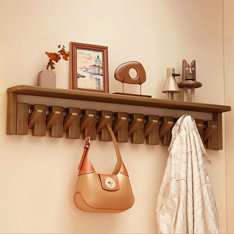 Contemporary Nordic Rectangular Piano-Key Rubberwood Wall-Mounted Coat Rack Hall Tree 1-Tier For Bedroom & Entryways