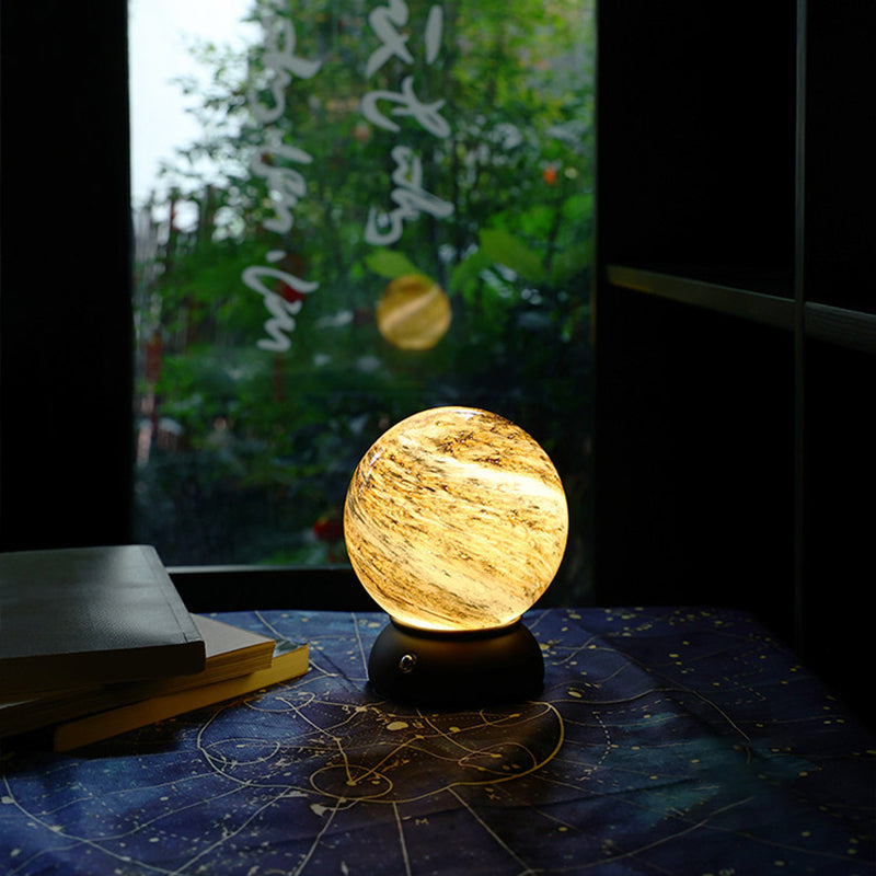 Artistic Glass Planet Sphere USB Rechargeable Table Lamp - Art Deco Touch Dimmable Brightness Ambient Bedside Lighting For Bedroom