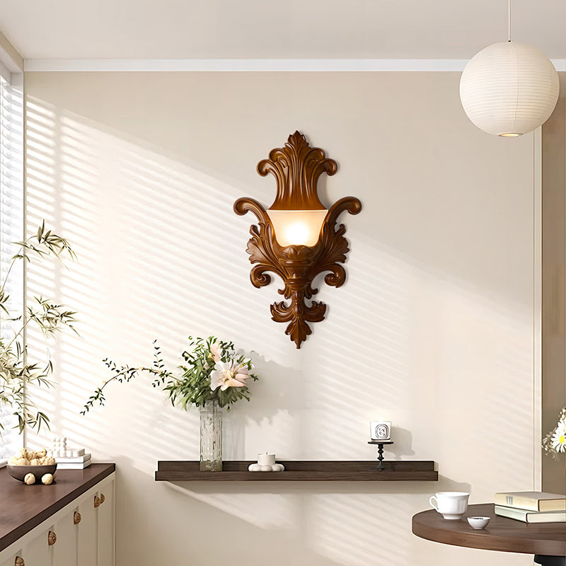 Traditional French Resin Glass Hardware Embossed-shaped 1-Light Wall Sconce Lamp For Living Room & Bedroom