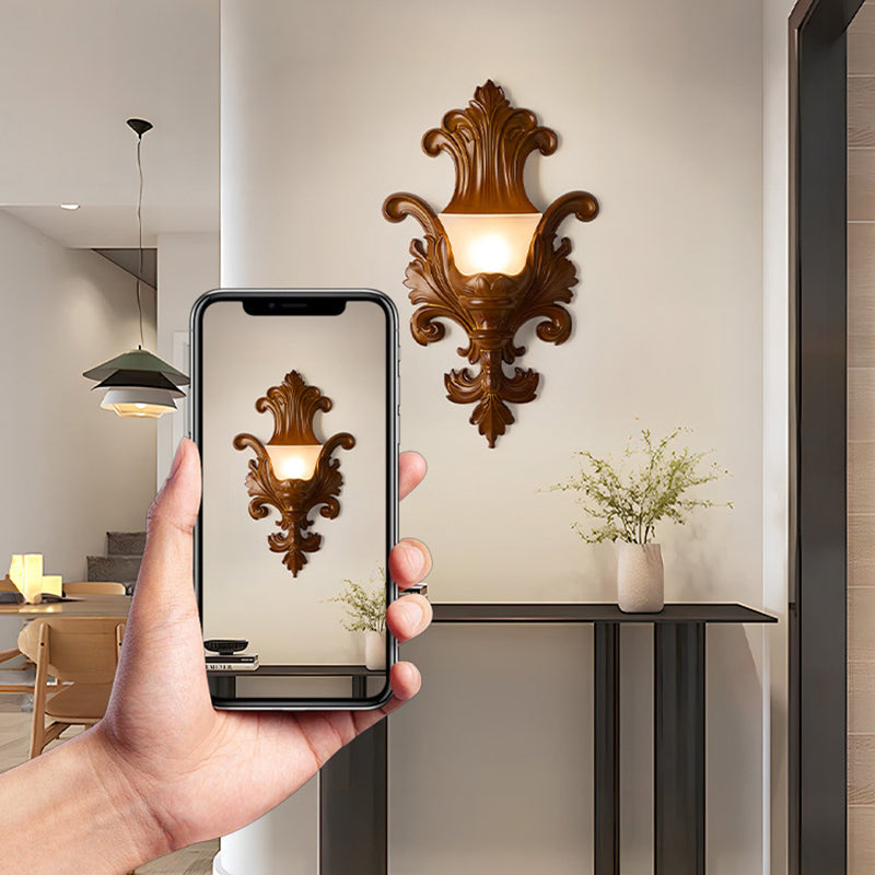 Traditional French Resin Glass Hardware Embossed-shaped 1-Light Wall Sconce Lamp For Living Room & Bedroom