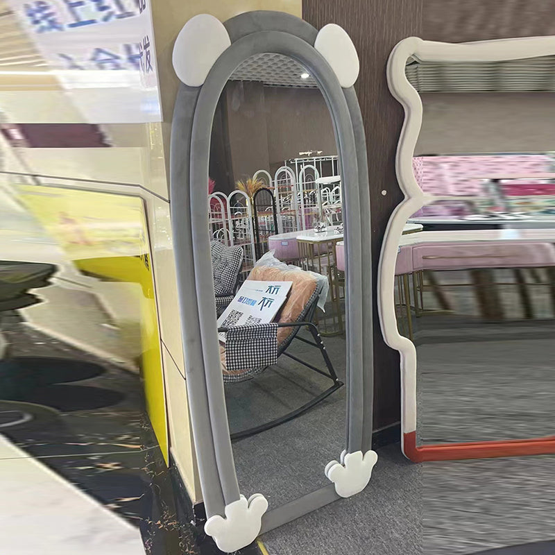 Contemporary Creative Velvet MDF Sponge Glass Bear-Shaped Full-Length Floor Mirror For Bedroom & Living Room