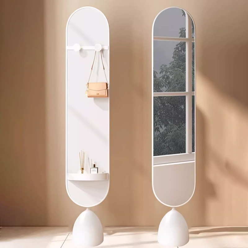 Modern Minimalist Iron Plastic Glass Oval Swivel Full-Length Floor Mirror With Storage & Clothing Rack For Bedroom & Living Room
