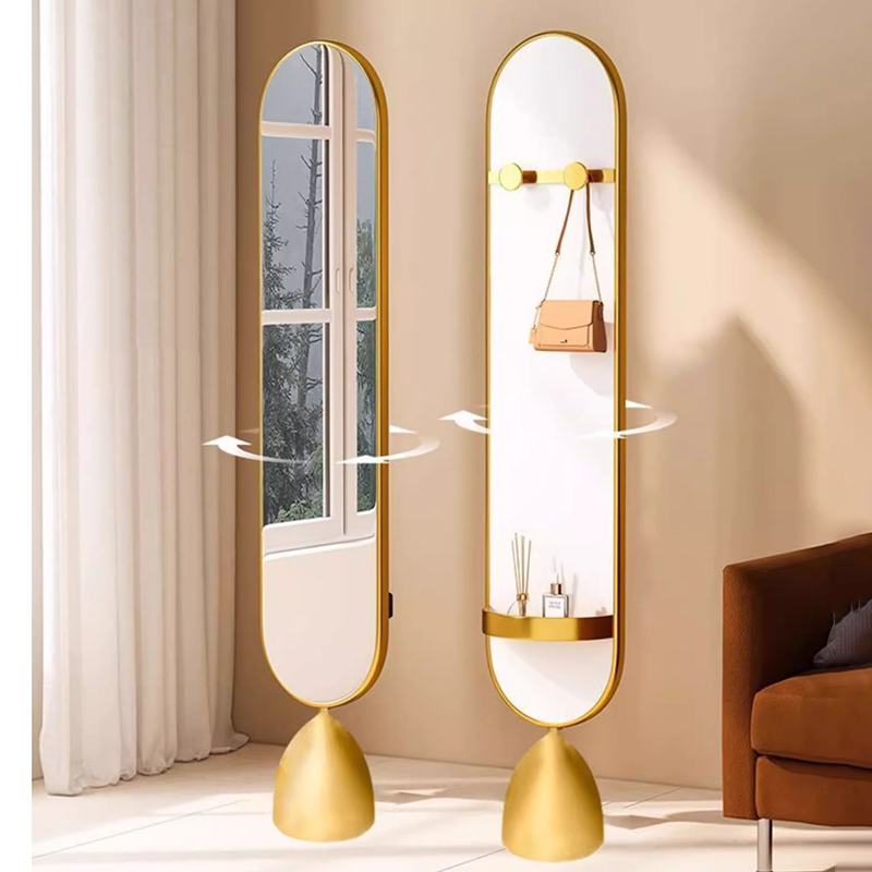 Modern Minimalist Iron Plastic Glass Oval Swivel Full-Length Floor Mirror With Storage & Clothing Rack For Bedroom & Living Room