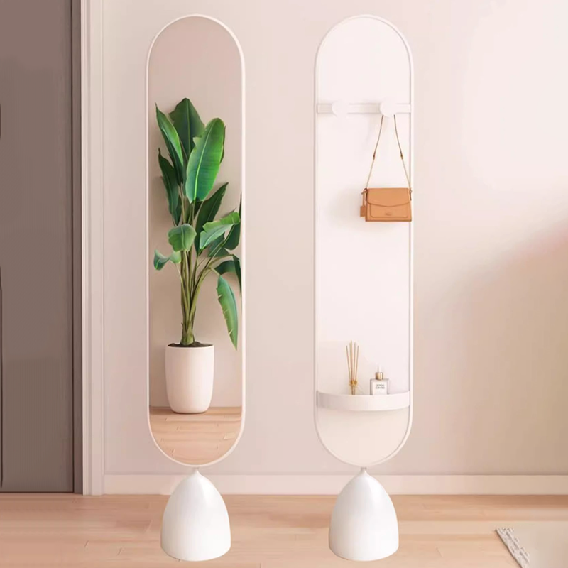 Modern Minimalist Iron Plastic Glass Oval Swivel Full-Length Floor Mirror With Storage & Clothing Rack For Bedroom & Living Room