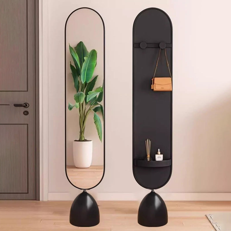 Modern Minimalist Iron Plastic Glass Oval Swivel Full-Length Floor Mirror With Storage & Clothing Rack For Bedroom & Living Room