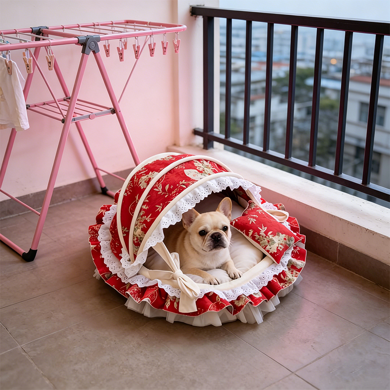 Traditional French Round PP Velvet Chenille Fabric Cat Bed & Dog Bed Foldable Shelter For Living Room