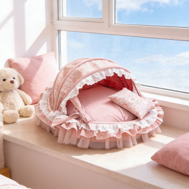 Traditional French Round PP Velvet Chenille Fabric Cat Bed & Dog Bed Foldable Shelter For Living Room