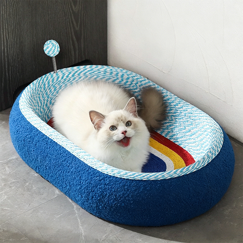Contemporary Creative Round Oval Kraft Paper Teddy Fleece Cat Bed With Toy Ball For Bedroom