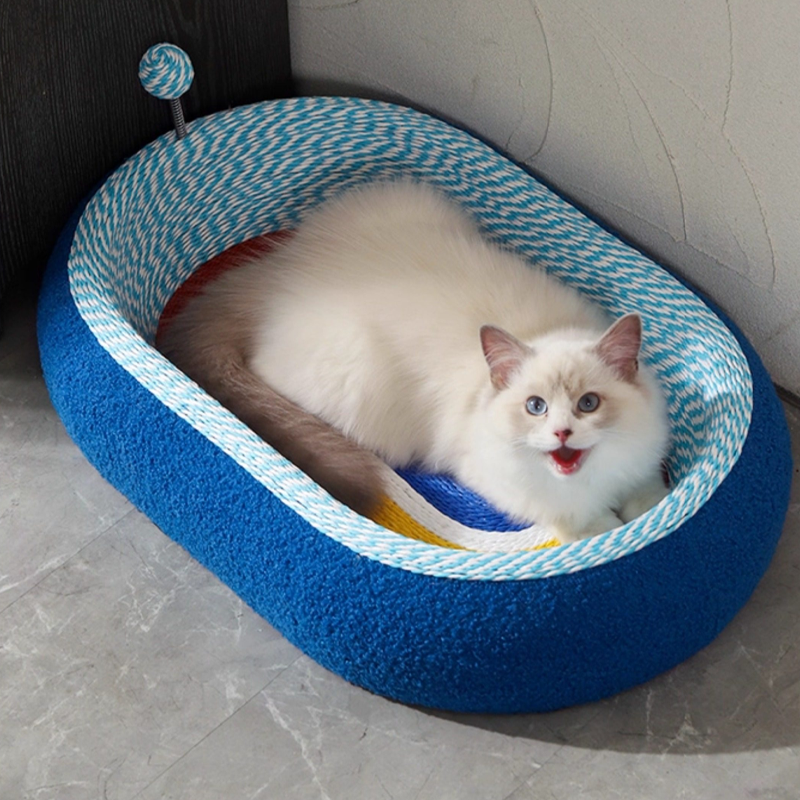 Contemporary Creative Round Oval Kraft Paper Teddy Fleece Cat Bed With Toy Ball For Bedroom