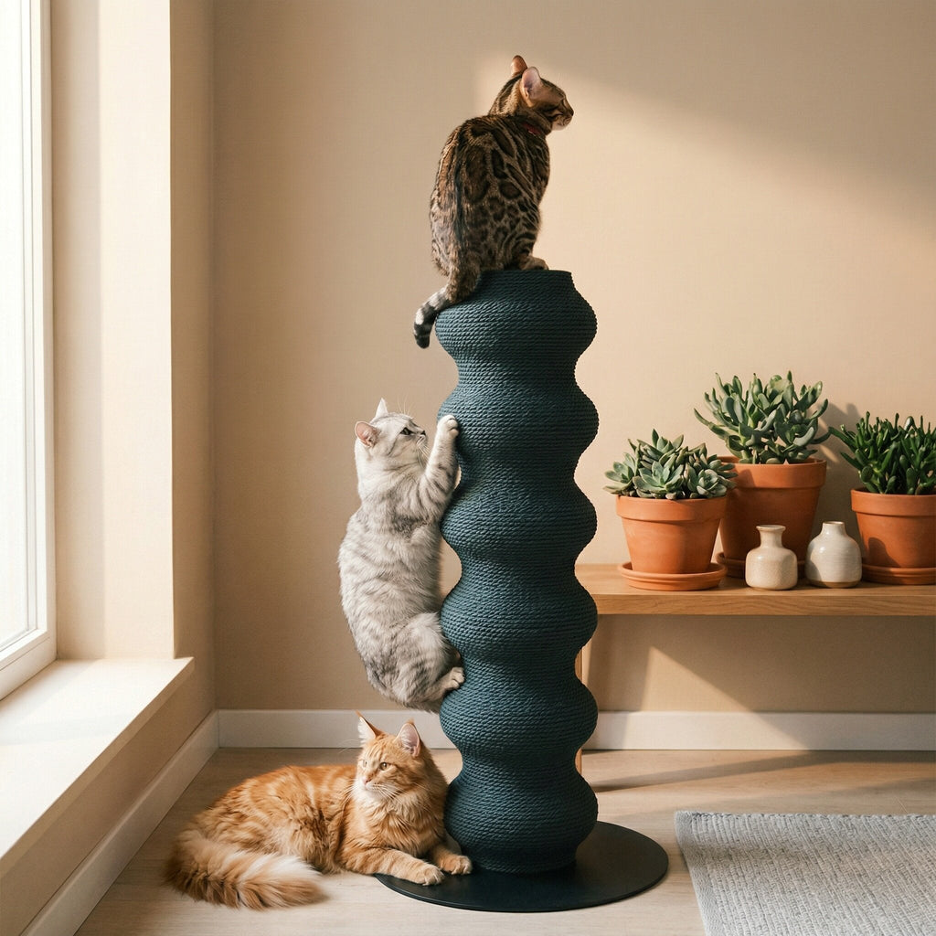 Modern Minimalist Cylindrical Wave-Patterned Paper Rattan Steel Cat Scratching Post For Living Room