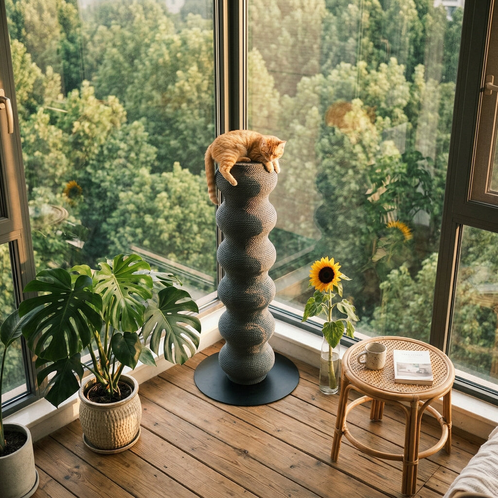 Modern Minimalist Cylindrical Wave-Patterned Paper Rattan Steel Cat Scratching Post For Living Room