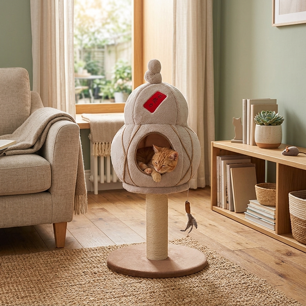 Contemporary Creative Cylindrical Gourd-Shaped Particleboard Sisal Velvet Cat Tree & Condo 1 - Condo For Living Room