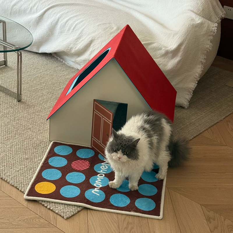 Contemporary Creative Rectangular House-Shaped Cardboard Felt Corrugated Paper Fleece Pad Cat Bed For Bedroom