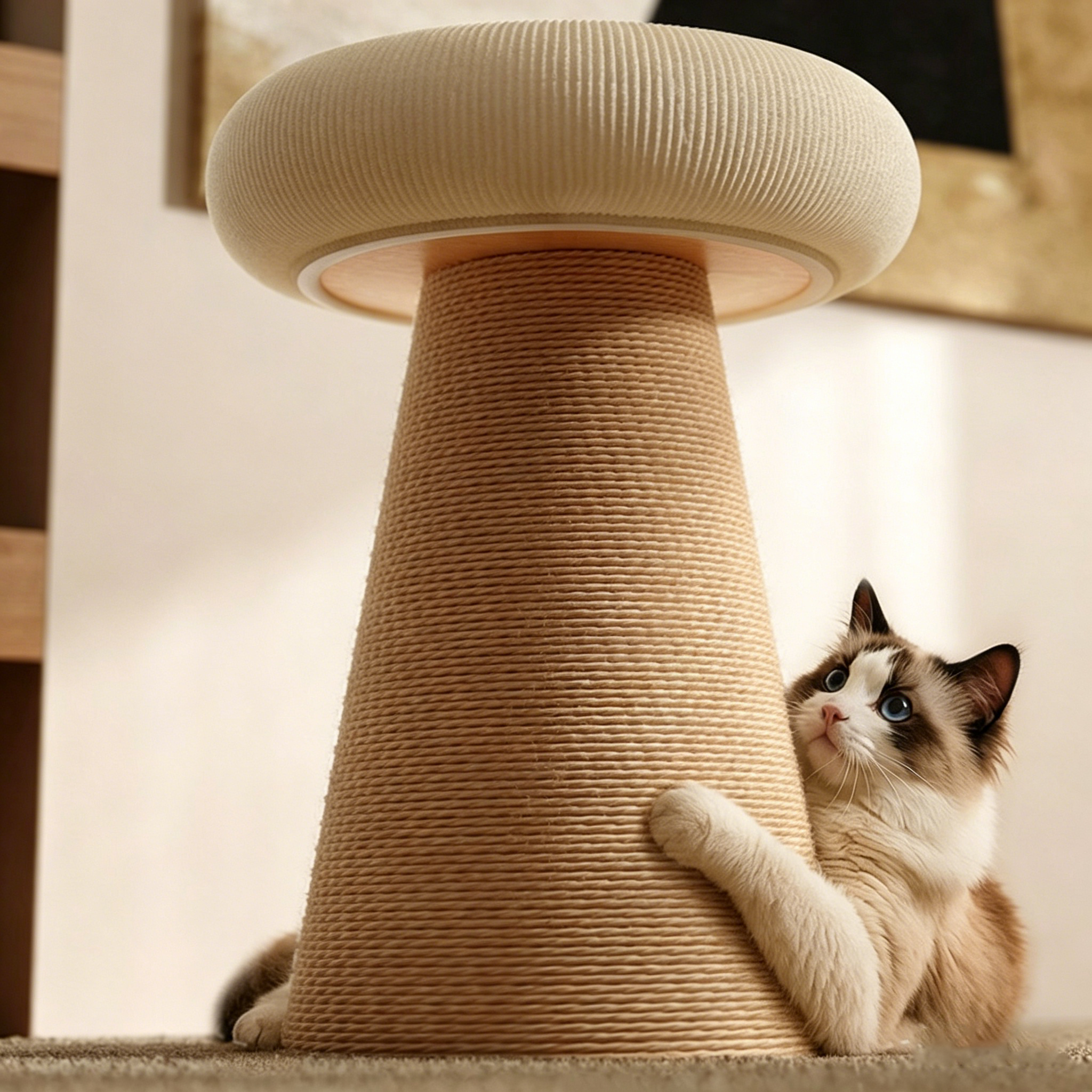 Contemporary Nordic Cone-Shaped Cylindrical Round Corduroy Hemp Rope Plywood Cat Tree & Condo 1 - Condo For Living Room