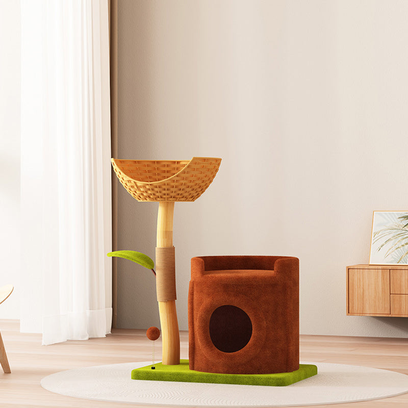 Contemporary Creative Rectangular Cylindrical Tree-Shaped Medium Density Fiberboard Wooden Velvet Sisal Plastic Cat Tree & Condo 1-Scratching Post 2-Condo For Living Room