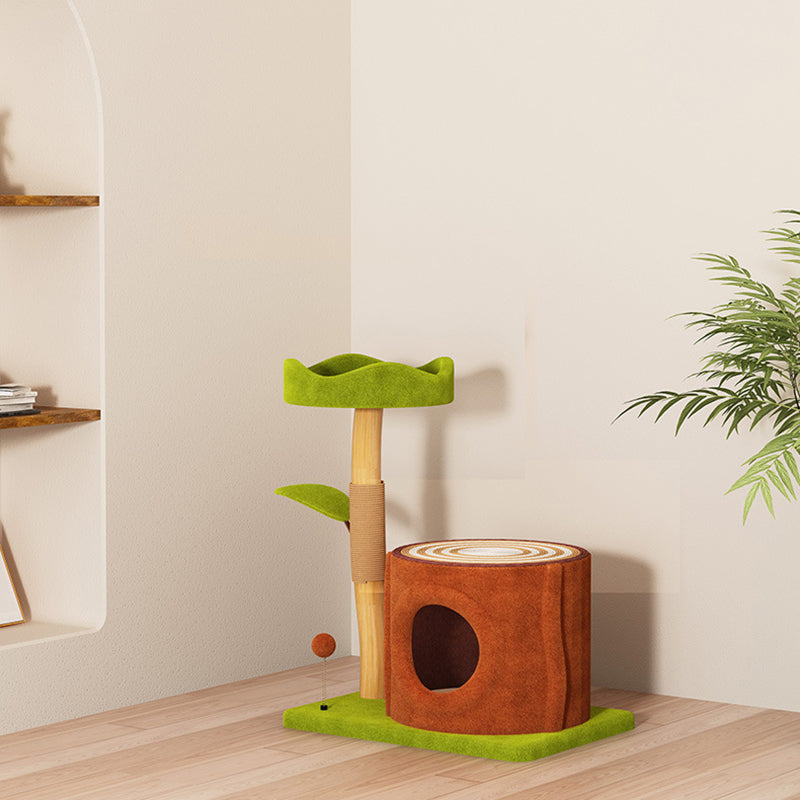 Contemporary Creative Rectangular Cylindrical Tree-Shaped Medium Density Fiberboard Wooden Velvet Sisal Plastic Cat Tree & Condo 1-Scratching Post 2-Condo For Living Room
