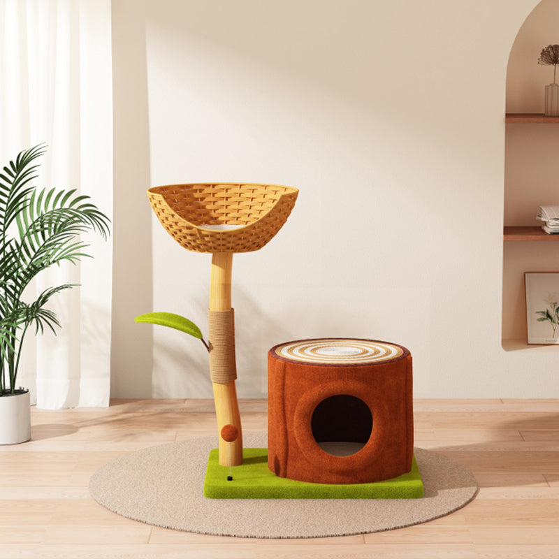 Contemporary Creative Rectangular Cylindrical Tree-Shaped Medium Density Fiberboard Wooden Velvet Sisal Plastic Cat Tree & Condo 1-Scratching Post 2-Condo For Living Room