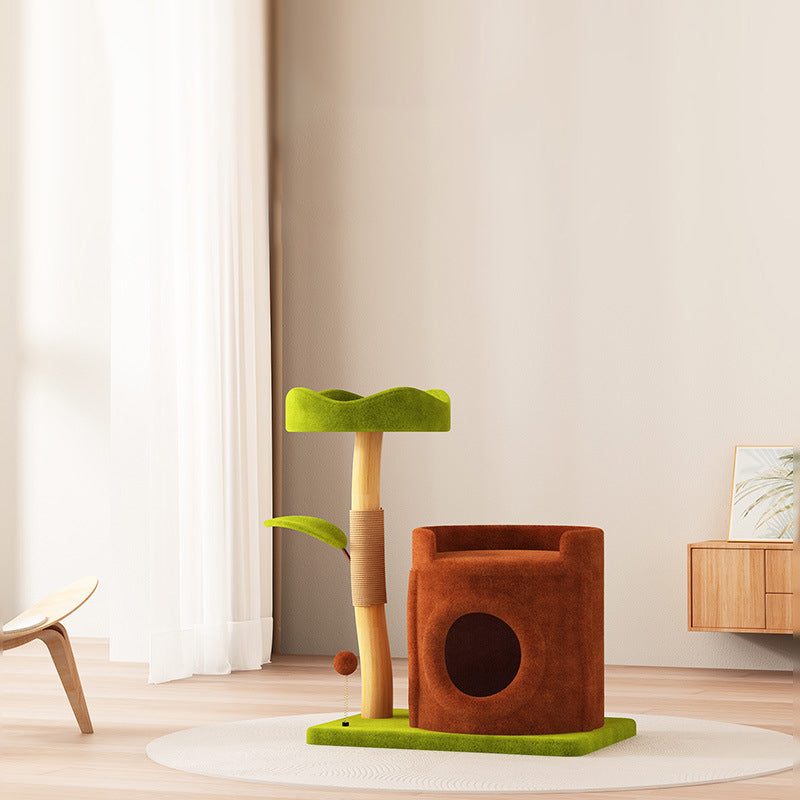 Contemporary Creative Rectangular Cylindrical Tree-Shaped Medium Density Fiberboard Wooden Velvet Sisal Plastic Cat Tree & Condo 1-Scratching Post 2-Condo For Living Room