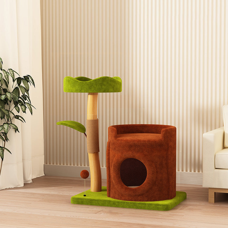 Contemporary Creative Rectangular Cylindrical Tree-Shaped Medium Density Fiberboard Wooden Velvet Sisal Plastic Cat Tree & Condo 1-Scratching Post 2-Condo For Living Room