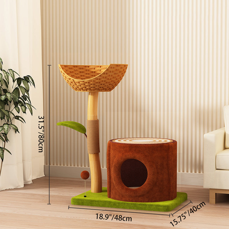Contemporary Creative Rectangular Cylindrical Tree-Shaped Medium Density Fiberboard Wooden Velvet Sisal Plastic Cat Tree & Condo 1-Scratching Post 2-Condo For Living Room